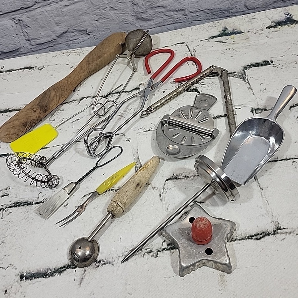 Vintage Kitchen Gadgets Random Lot Tea Strainer Scoop Melon Baller Tongs Cracker